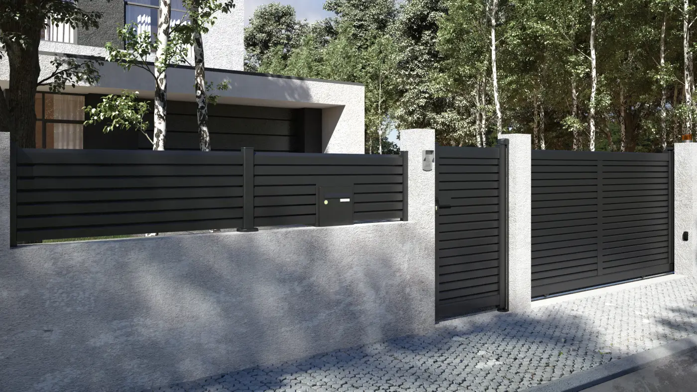 Clôture ajourée aluminium Lemm Kostum 9005 boîte aux lettres portillon portail Lemm